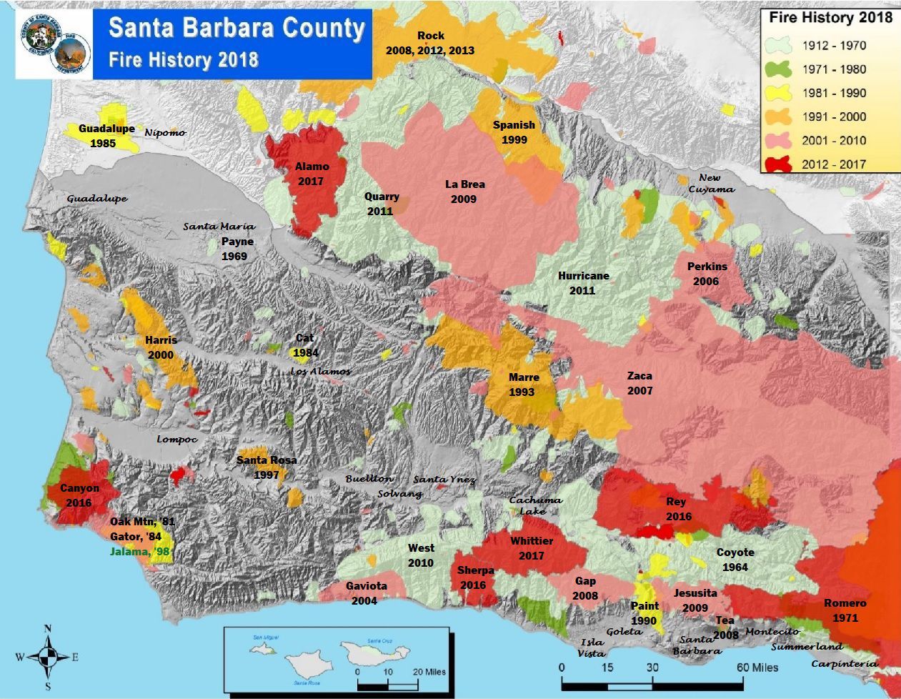 Major fires in Santa Barbara County 1912-2018